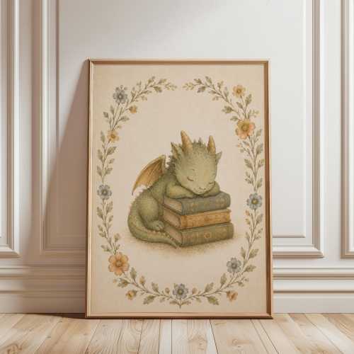 Sleeping Dragon Nursery Print, Baby Dragon on Books Wall Art, Fantasy Storybook Decor, Woodland Library Poster, Cottagecore Kids Room
