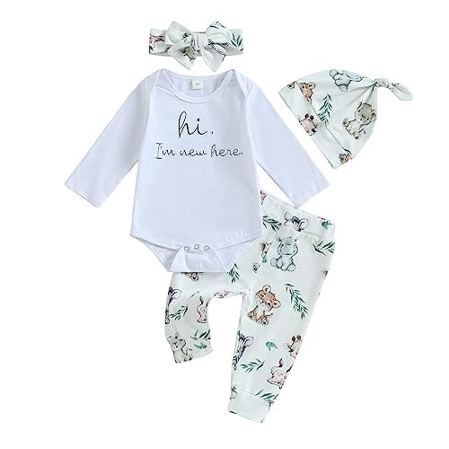 Ursobutegl Newborn Baby Boy Girl Clothes Im New Here Letter Printed Romper Bodysuit Pants with Hat Coming Home Outfits