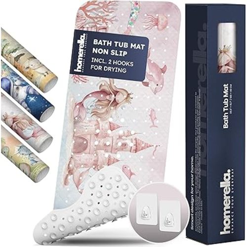 Bath Tub Mat Non Slip Anti Mold for Kids BPA Free INCL Hooks - homerella® Ocean Sea Animals 40x16, Baby Bath Mat Non Slip 200 Suction Cups, Non Toxic Machine Washable Toddler Bath Mat, EU Certified