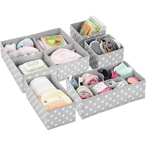 mDesign Soft Fabric Dresser Drawer/Closet Divided Storage Organizer Bins for Nursery - Holds Blankets, Bibs, Socks, Lotion, Clothes, Shoes, Toys - Set of 5 - Gray/White Polka Dot