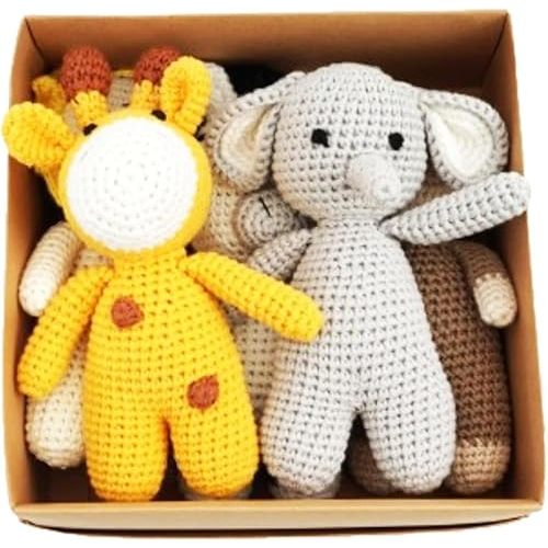 KITA Zoo Gift Box - 5 Piece Cute Crochet Animal Gift Box Set Includes Elephant, Giraffe, Lion, Monkey & Zebra - Amigurumi Soft Stuffed Plush Toy for Children, Babies, Animals, Gifts