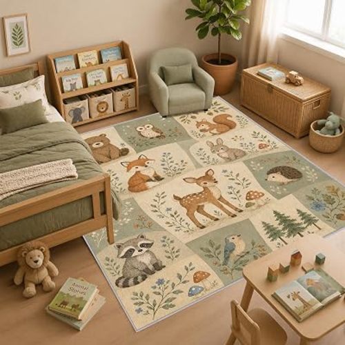 Woodland Animal Nursery Rug 4x6, Washable Kids Room Rug with Forest Animal Patchwork Design, Soft Low Pile Non Slip Area Rug for Baby Room Playroom Bedroom Decor