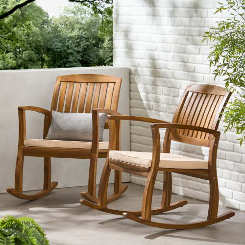 Dewitt Outdoor Acacia Rocking Chair with Cushion, Set of 2, Teak Finish, Beige