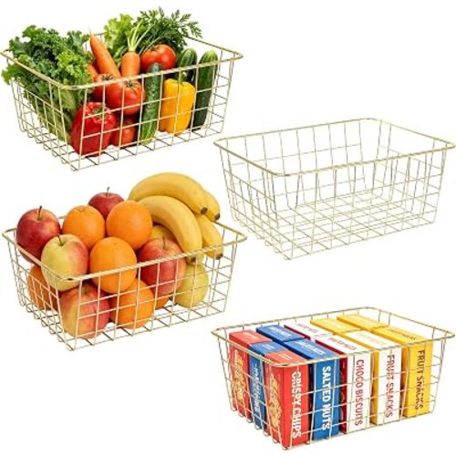 4 Pack Wire Baskets, Sturdy Gold Wire Basket, Metal Basket for Organizing Kitchen, for Food Pantry Home Office Desk Shelf Bathroom Bedroom (11.1 x 8.7 x 4.7 inch)
