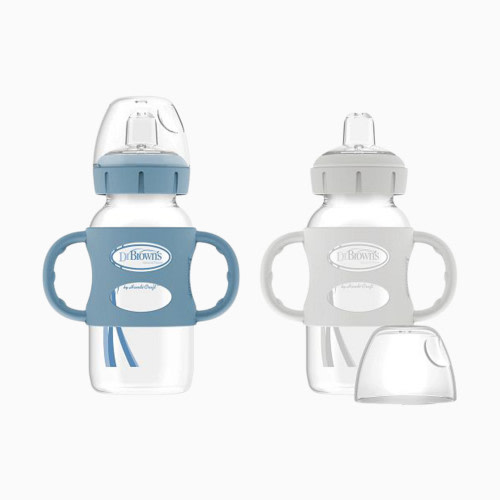 Dr. Brown's Wide-Neck Sippy Spout Bottle with Silicone Handles (2 Pack) - Lt Blue & Gray, 9 Oz, 2