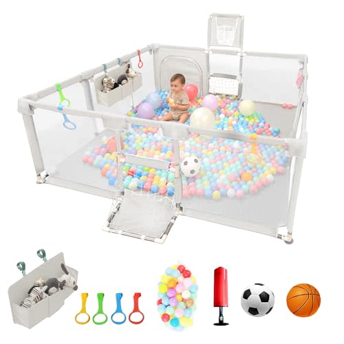 Playpen for Babies and Toddlers,73"x71"Baby Playpen with Mat Indoor&Outdoor with Breathable Play Pen with Ocean Balls Hanging Pocket Basketball Hoop and Football Goal (Lighr Grey, 73"x71")