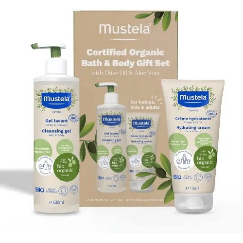 Mustela Certified Organic Bath & Body Gift Set - Fragrance-Free Skin Care Essentials with Olive Oil & Aloe Vera - Contains Cleansing Gel & Hydrating Cream for Baby, Kid & Adult - 2 Items Set