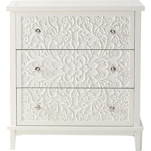 COZAYH 3-Drawer Fully-Assembled Flower Motif Dresser for French Country, Farmhouse, Modern, Rustic Style, Distressed Finish, White-Washed