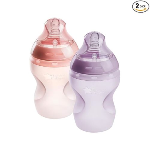 Tommee Tippee Natural Start Anti Colic 9 oz BPA Free Silicone Baby Bottles, 0+ Months, Silicone Feels Like Mother's Skin, Slow Flow Breast-Like Nipple, Pink and Purple, Pack of 2