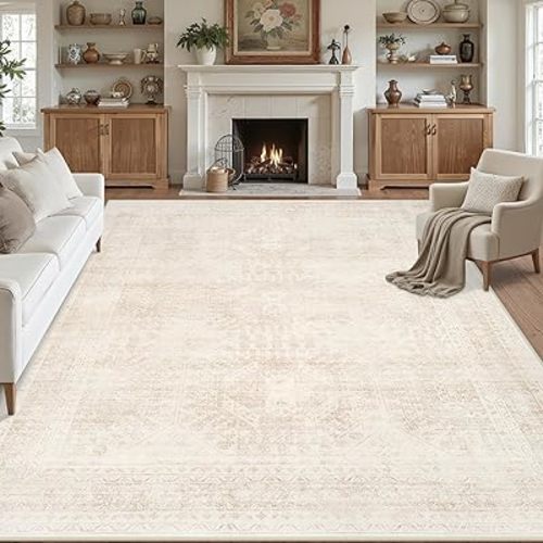 8x10 Area Rugs for Living Room: Vintage Boho Neutral Washable Rug Indoor Soft Large Area Rug Carpet for Bedroom Nursery Farmhouse Dining Room Office Floor Non-Slip Low Pile Under Table Rug Beige
