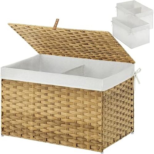 GREENSTELL Storage Basket with Lid, 105L Large Wicker Basket with Lid, Handwoven Blanket Storage Basket with Handles, Removable Cotton Liner, Metal Frame, Foldable for Bedroom, Laundry Room, Natural