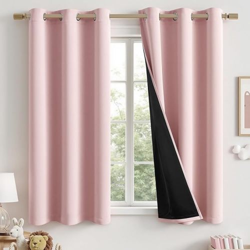 MIULEE Light Pink 100% Blackout Curtains for Bedroom 63 Inch Long, 2 Thick Layers Thermal Insulated Black Out Window Curtains with Black Liner, Noise Reducing Living Room Drapes 2 Panels