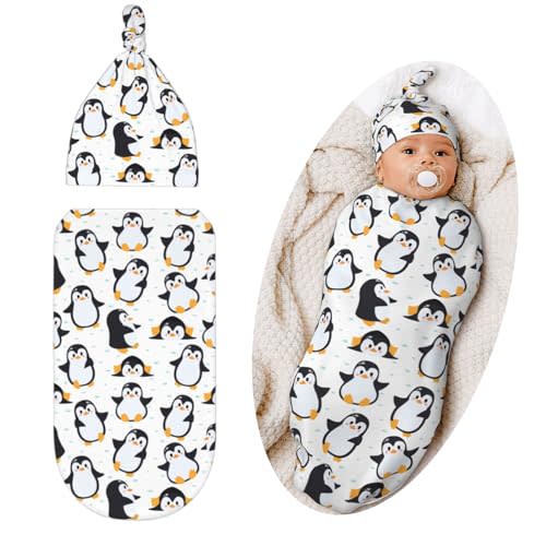 Qwalnely Swaddling Blanket for Baby, Sleeping Sacks, Unisex Baby Stuff with Hat, Penguin