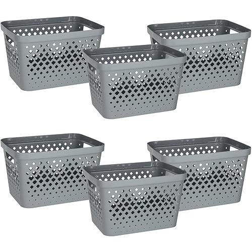 Glad Plastic Storage Basket Set, Value Pack of 6 | Open Storage Bins for Shelves, Bathroom, Pantry, Closet | Nesting Organizer Boxes with Handles, 4 Gallon, Grey