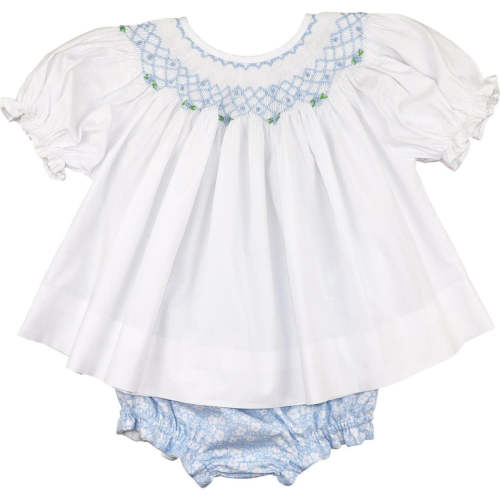 Blue And White Floral Smocked Diaper Set
