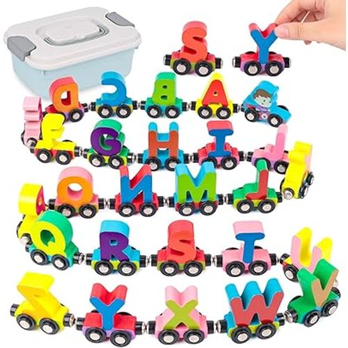 LovesTown 27 PCS Magnetic Wooden Alphabet Train Sets，ABC Letter Learning Toy Trains with 1 Engine,1 Storage Box for Toddlers Kids Boys Girls Educational Toys