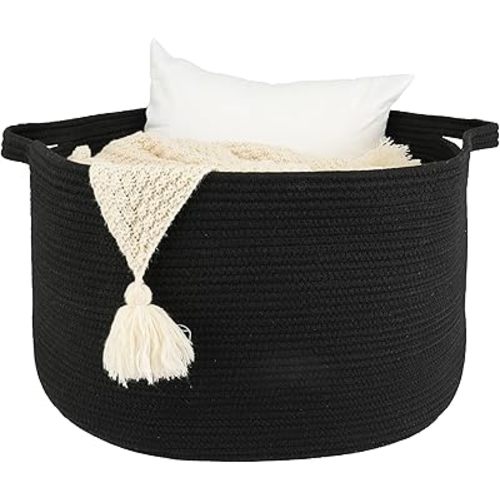 XUANGUO Extra Large Cotton Rope Round Storage Basket 22" x 14" Black