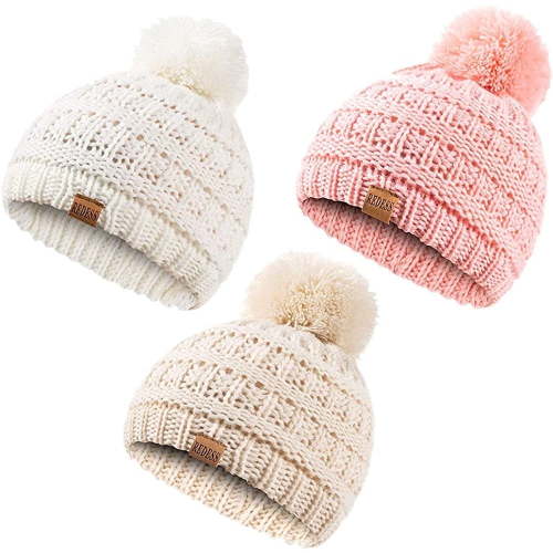 REDESS Baby Kids Winter Warm Beanie Hats, Infant Toddler Children Pom Pom Beanie Knit Cap Girls Boys-3 Pack