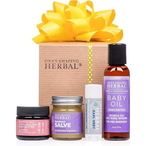 Ora's Amazing Herbal New Mom and Baby Natural Skincare Set, Natural Baby Oil, Newborn Salve, Peppermint Field Ultra Healing Body Butter for Mama's Belly, and Soothing Earl Grey Lip Balm