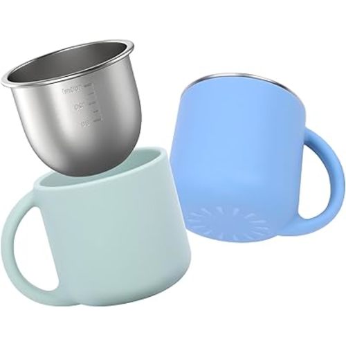 2-IN-1 Open Toddler Cups, Stainless Steel Baby Cup + Silicone Training Cup for Toddlers Kids Babys, No Plastic | No Soap Smell | Shock-Proof Feeding Essentials, 2-Pack Blue/Sage