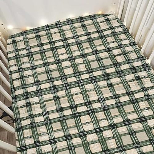 Watercolor Green Tartan Baby Crib Sheets for Boy Girl 28"x52" Vintage Green Plaids Soft Stretchy Fitted Crib Mattress Cover Checkered Baby Sheet for Standard Crib and Toddler Bed Mattress