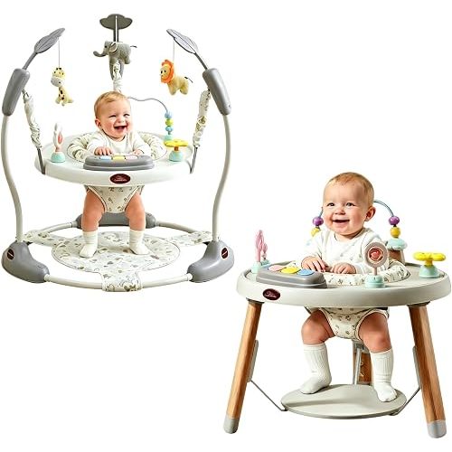 CuddoBaby Baby Jumper 4-Stage Convertible| Montessori -Inspired 8 Interactive Toys| Tummy Time Playmat, Bouncer, Exersaucer, Toddler Table| Music & Lights | 3-6, 6-12, 12-18, 12-24 Months - Gray