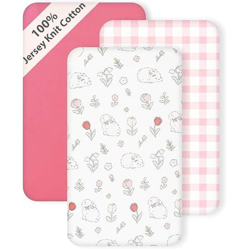 3 Pack Cotton Bassinet Sheets - 33"x19" for Baby Delight, Jimglo, BabyBond, BCOL, Maxi-COSI and Most Regular Bedside Sleeper, Ultra Soft & Skin Friendly Bassinet Fitted Sheets, Pink Flower