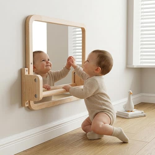 Woodtoe Montessori Mirror with Bar, Adjustable Baby Pull to Stand Toys 6M+