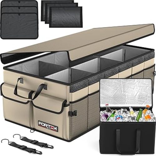 FORTEM Trunk Organizer with Cooler For SUV Car Trunk, Foldable Storage, Car Accessories for Women Men, Collapsible Bag, Perfect Christmas Gifts, 600D Oxford, Non Slip Bottom, Straps, Soft Cover (105L)