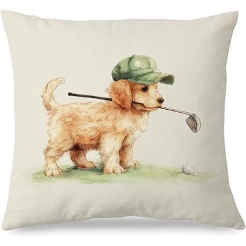 Funny Golf Golden Retriever Nursery Throw Pillow Covers 18x18, Golf Gifts for Boys Kids, Gifts for Golden Retriever Lovers, Vintage Sports Dog Pillow Cases for Home Kids Boys Room Nursery