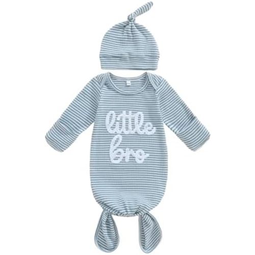 Newborn Boy Coming Home Outfit Little Bro Sleeper Knotted Baby Gown And Hat Infant Nightgown Stripe Sleeping Bag