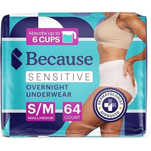 Because Adult Incontinence Underwear for Sensitive Skin - Women - Premium Overnight Disposable Briefs, Anti Odor - White, Small/Medium - Absorbs 6 Cups - 64 Count (4 Packs of 16)