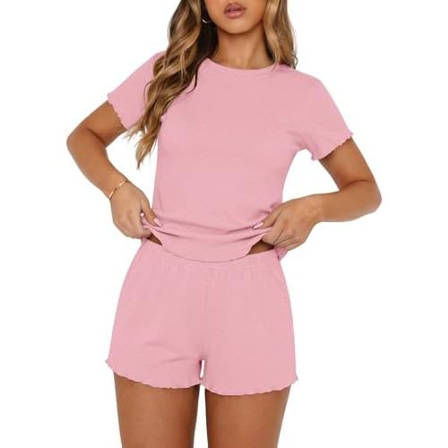 Ekouaer Cute Pajama Sets for Women 2 Piece Short Sleeve Ribbed Pjs Crop Top and Shorts Sleepwear Summer Y2K Lounge Sets