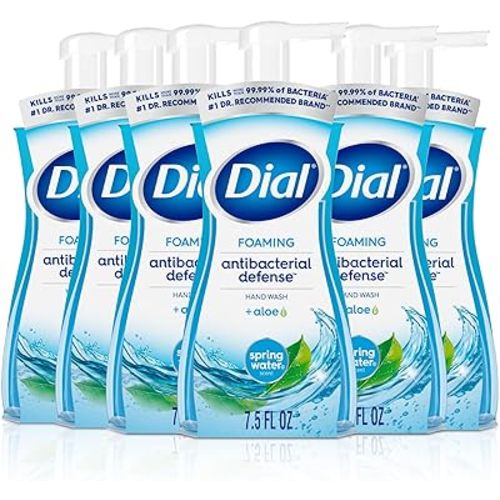 Dial Antibacterial Defense Foaming Hand Soap + Aloe, Spring Water Scent, 7.5 Fl Oz (Pack of 6), Dermatologist-Tested Hand Wash, Gentle on Skin