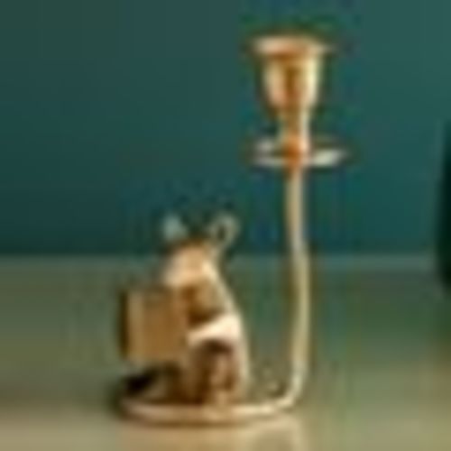 5.7" Brass Mouse Reading Book Candlestick Art Decor Style Candle Holder