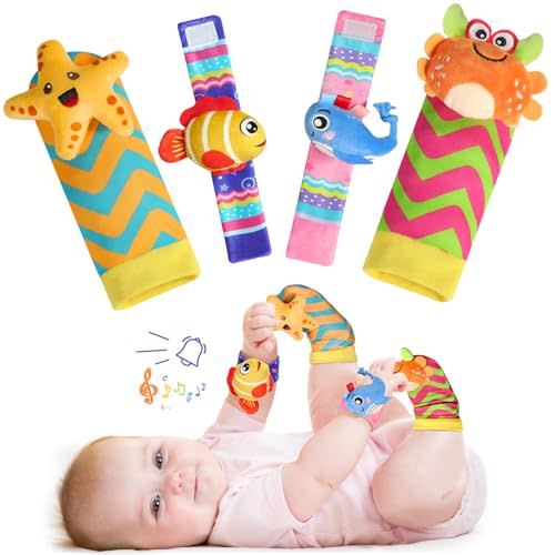 URMYWO Wrist Rattles for Baby - Rattle Socks - Foot Finder Set - Baby Toys for 0-12 Months Infant - Newborn Essentials - Early Learning Sensery Toys for Boys and Girls as Shower Gifts Stocking Stuffer