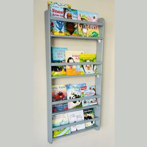 Handmade Solidwood Wall Mounted Montessori Kids Bookshelf, Solid Pine 4 Tier Book Display for Children Bedroom, Nursery Furniture Bookcase, Wood Pine Organiser for Living Room (Gray)