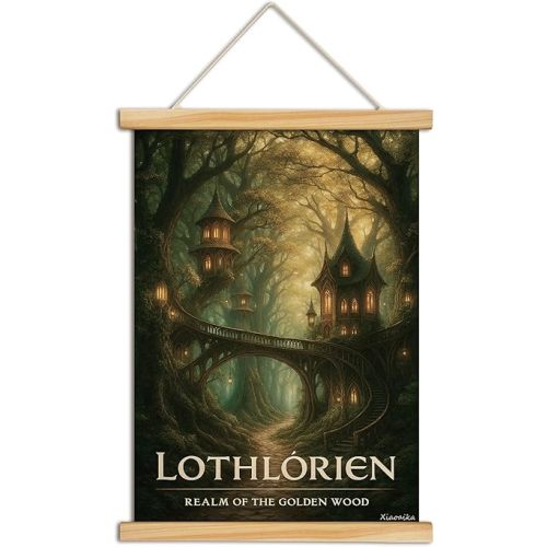XIAOAIKA Middle Earth Golden Forest Elven Wall Art, Fantasy Woodland Canvas Poster with Solid Wood Frame, Hanging Print for Fans of Magical Realms and Fairytale Decor, 16x23 Inch