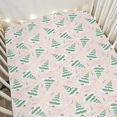 Pink Christmas Trees Baby Crib Sheets for Boy Girl 28"x52" Green Pines Candy Fir Leaves Soft Snug Fitted Crib Mattress Covers Pink Winter Holiday Nursery Baby Sheet for Crib & Toddler Bed Mattresses