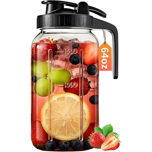 64oz Glass Pitcher with Lid & Spout – 2 Quart Mason Jars, Airtight & Leakproof Breastmilk Pitcher for Cold Brew Coffee, Sun Tea, Water, Juice – Wide Mouth, Fridge Safe