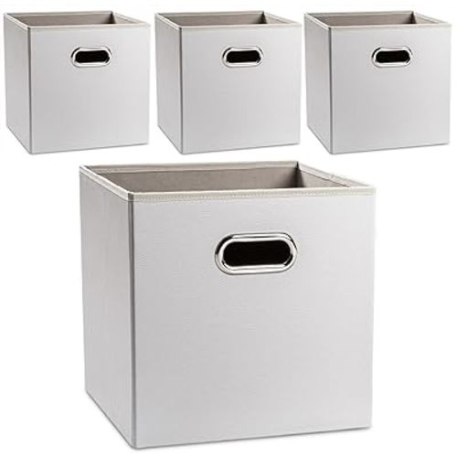 PRANDOM Leather Foldable Cube Storage Bins 13x13 inch [4-Pack] Fabric Storage Baskets Cubes Drawer with Cotton Handles Organizer for Shelves Nursery Closet Bedroom Clothes Cream