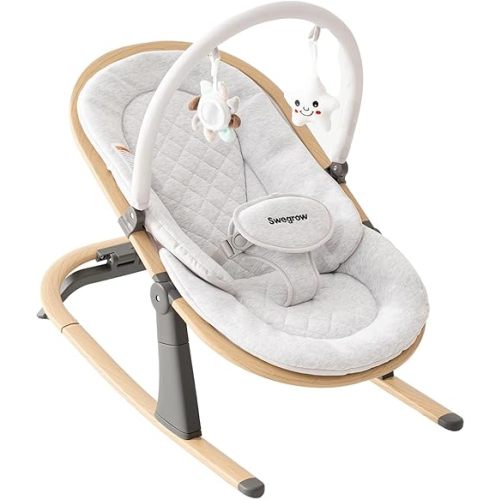 Swegrow 2-in-1 Baby Bouncer, Portable Newborn Bouncer Seat with 3 Adjustable Heights, Rocker and Stationary Options, Infant Rocker Chair with Hanging Toys (White)
