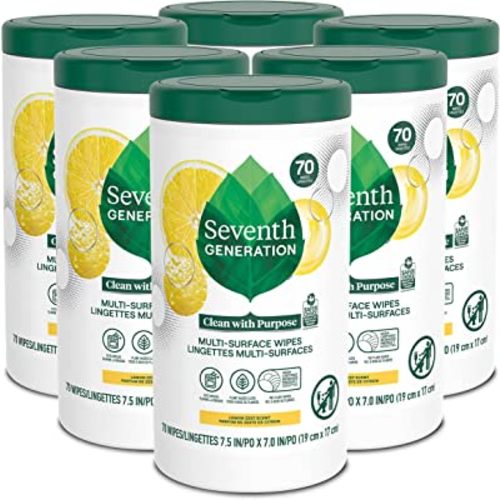 Seventh Generation Multi Surface Wipes All Purpose Cleaning Lemon Zest scent with 100% Essential Oils and Botanical Ingredients 70 count, Pack of 6