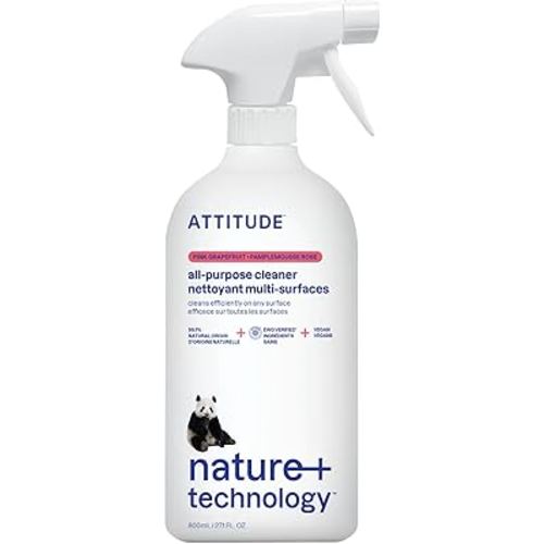 ATTITUDE All Purpose Cleaner Spray, EWG Verified, Vegan, Made with 94% Plant-Based Ingredients, Streak-Free for Kitchen, Bathroom, Glass & More, Pink Grapefruit Scent, 27.1 Fl Oz