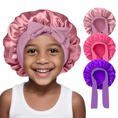 3 Pcs Kids Silk Bonnet for Sleeping-Baby Kids Satin Hair Bonnet for Curly Hair Girls Boys with Wide Elastic Band,Sleeping Cap for Teens Toddler (Rose Gold+Hotpink+Purple)