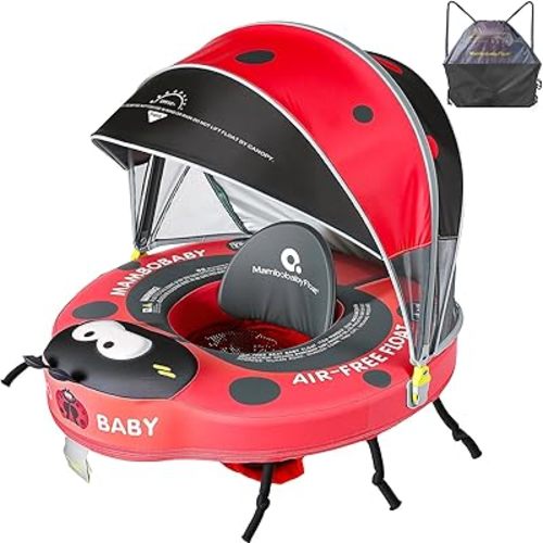 Mambobaby Baby Pool Float with Canopy, Non-Inflatable Infant Swim Float with Safe Seat and Tail Support for 3-24 Months, UPF 50+ Sun Protection
