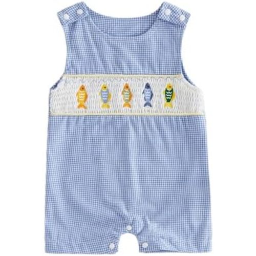 Newborn Baby Boys Sleeveless Seersucker Romper One Piece Straps Overalls Striped Jumpsuit Summer Smocked Clothes