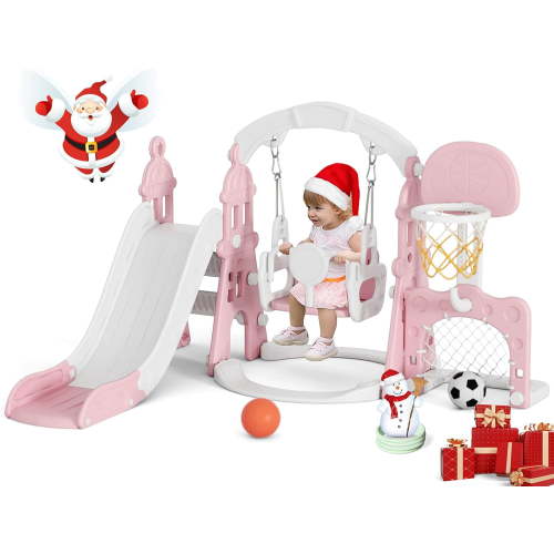 KORIMEFA 6-in-1 Kids Slide and Swing Set - Perfect for Toddlers 1-6 Years - Extra-Large Indoor and Outdoor Playground - Includes Slide, Swing, Basketball Hoop, and Climber