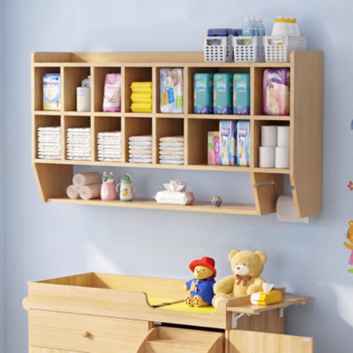 Wall-Mounted Diaper Organizer with 14 Cubbies & LED lights, Reversible Wooden Storage Cabinet for Nursery & Preschool | Wayfair