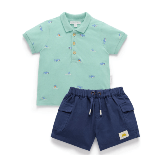Shark Polo Shirt & Short Set, Shark Broderie - Purebaby Mixed Apparel Set | Maisonette